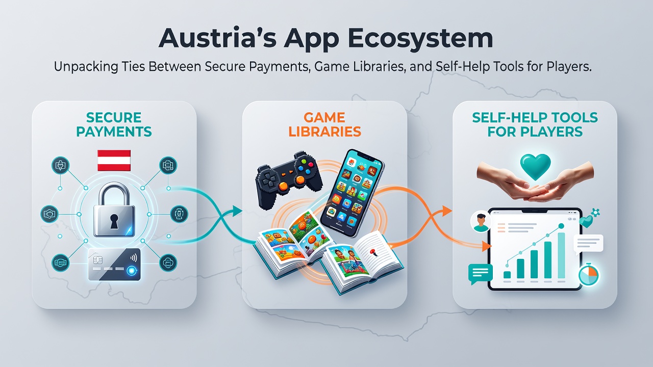 Austrian mobile app interface showing secure payment options connected to game library and self-help features