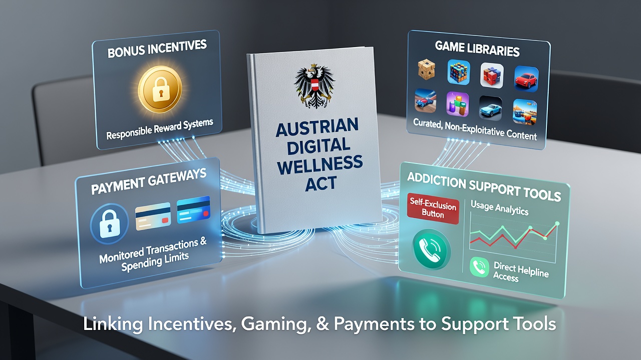 Austrian regulatory documents and mobile app interfaces showing bonus, game, and support integrations