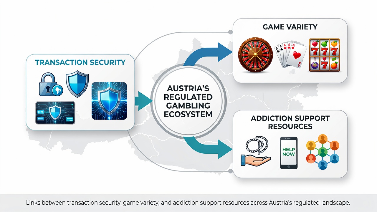 Addiction support resources displayed alongside game variety and secure payment options in Austrian mobile apps