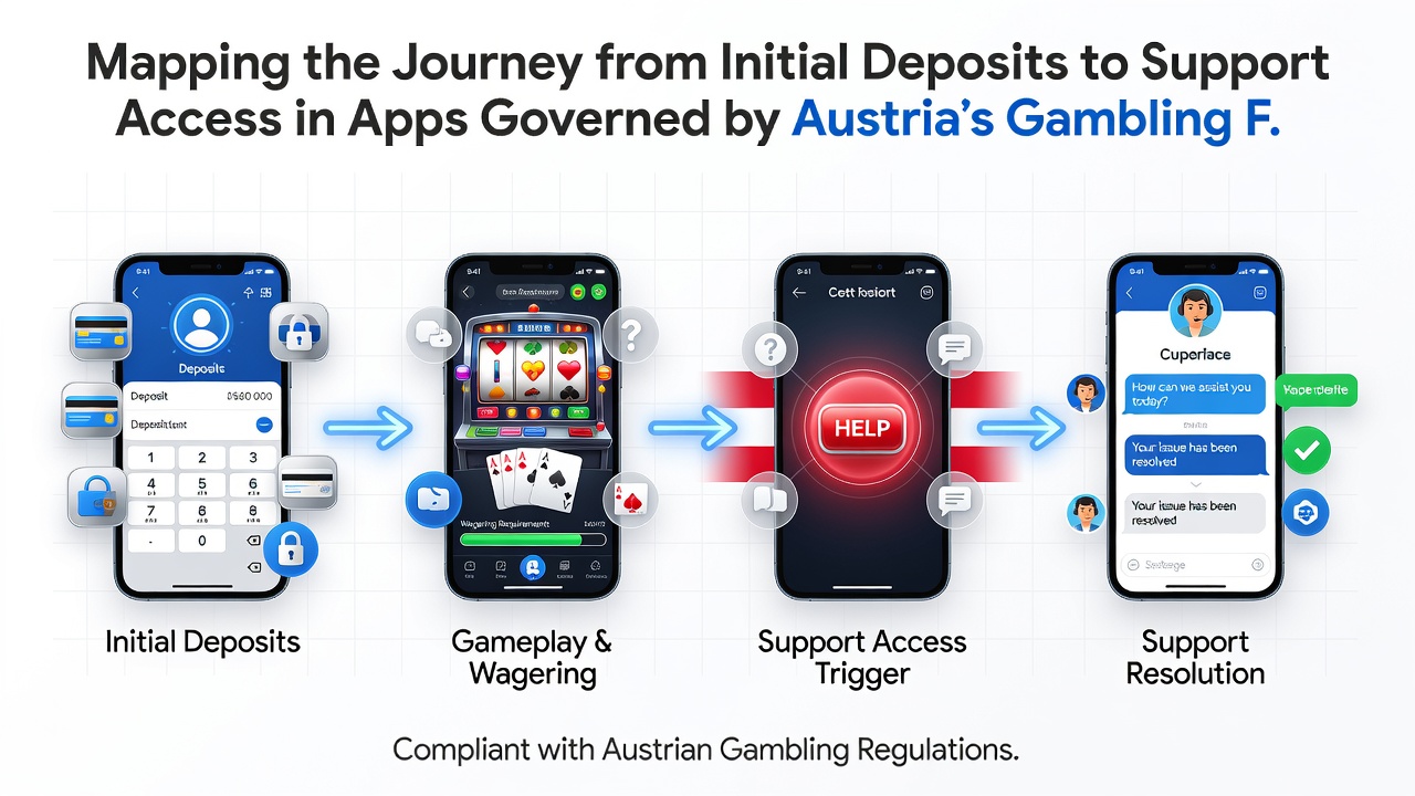 Screenshot of an Austrian gambling app interface highlighting support access buttons next to deposit confirmation screens
