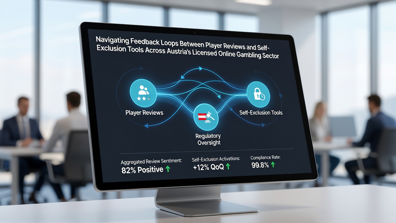 Mobile interface showing aggregated player feedback metrics linked to self-exclusion dashboard in an Austrian licensed app