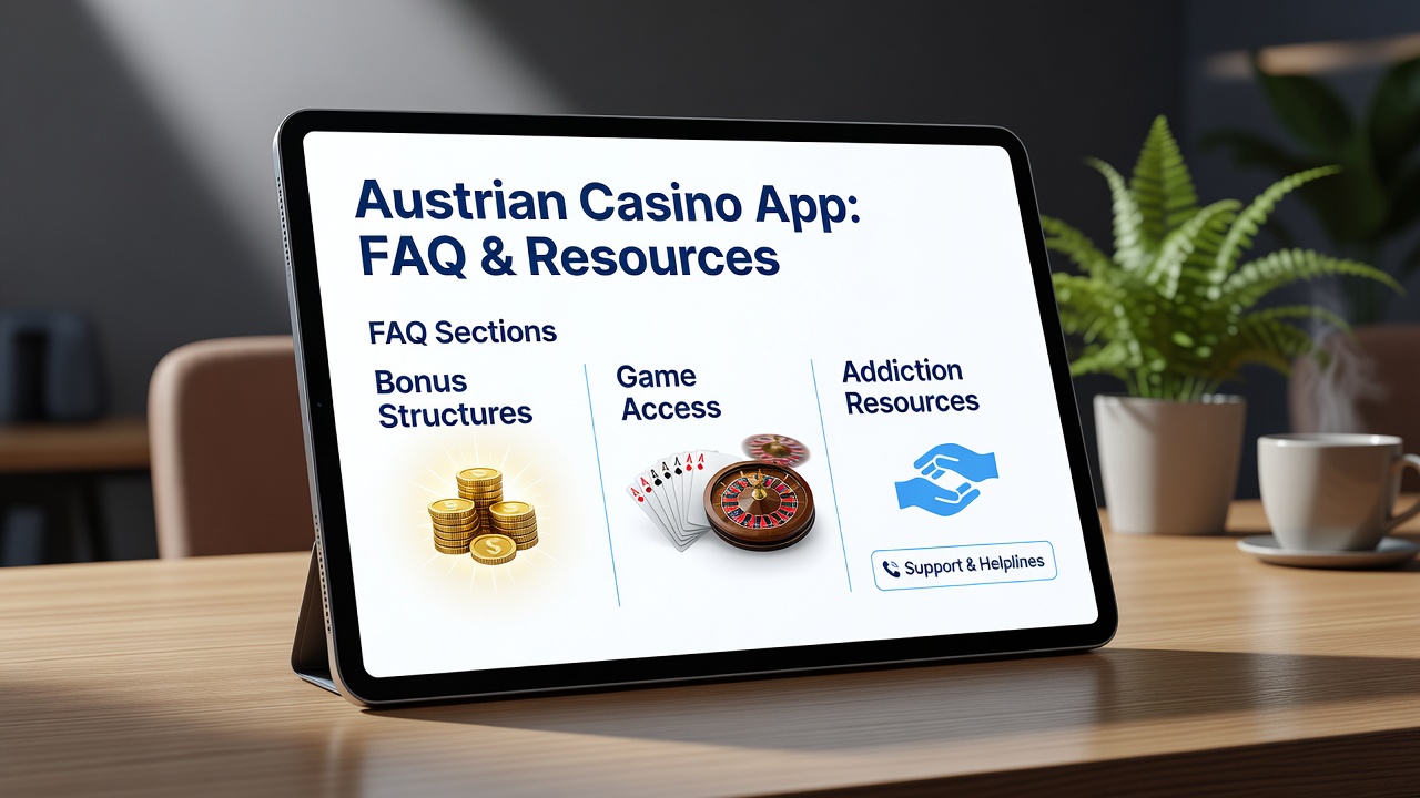 Austrian casino app interface showing FAQ section with bonus details and game access information