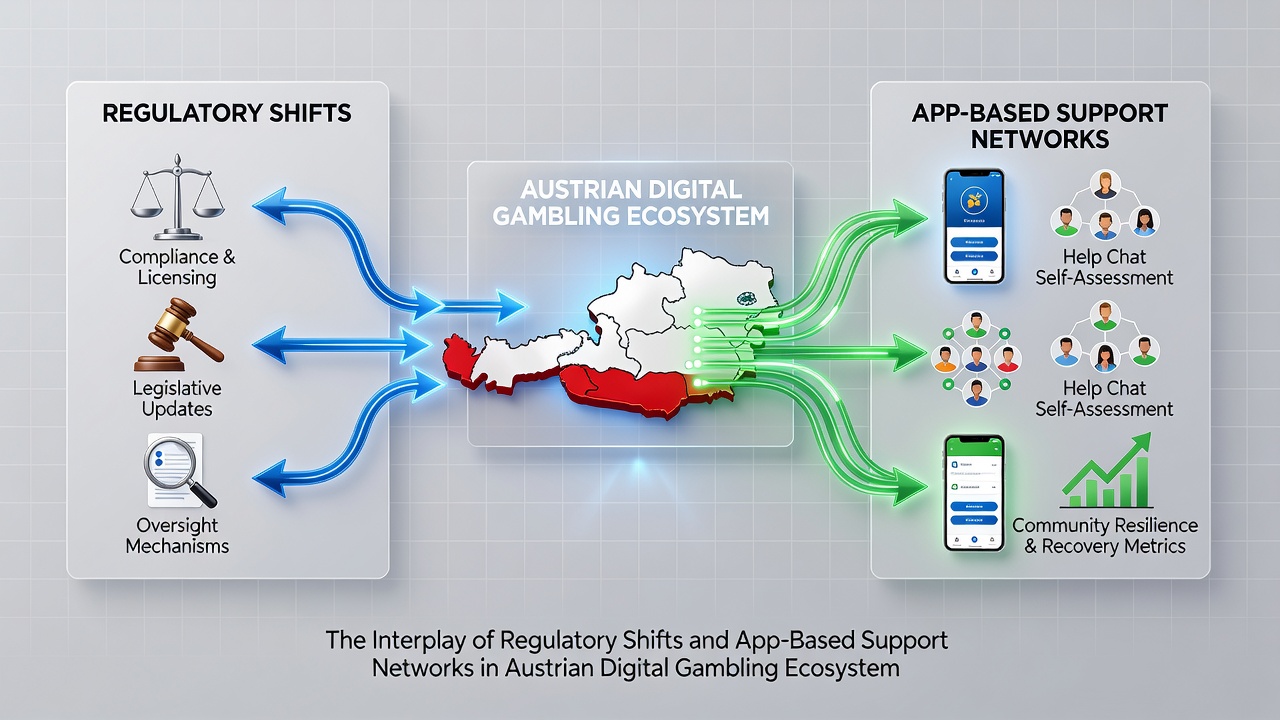 Mobile device displaying integrated support dashboard with regulatory compliance indicators in an Austrian gambling app